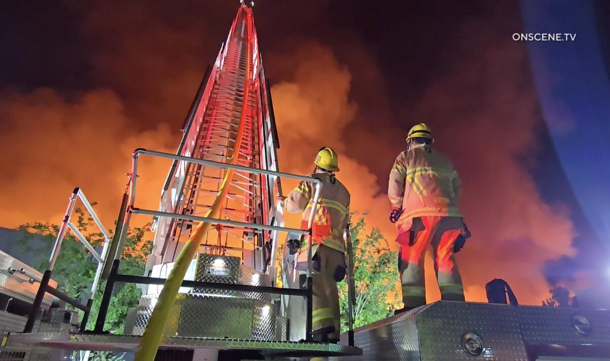 Firefighters are battling a massive six-alarm blaze in Ontario.