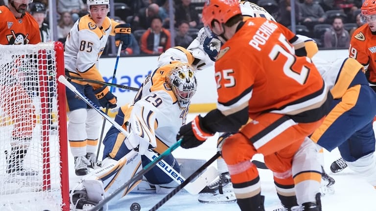Nashville Predators' goaltender Justus Annunen (29) saves a shot by...