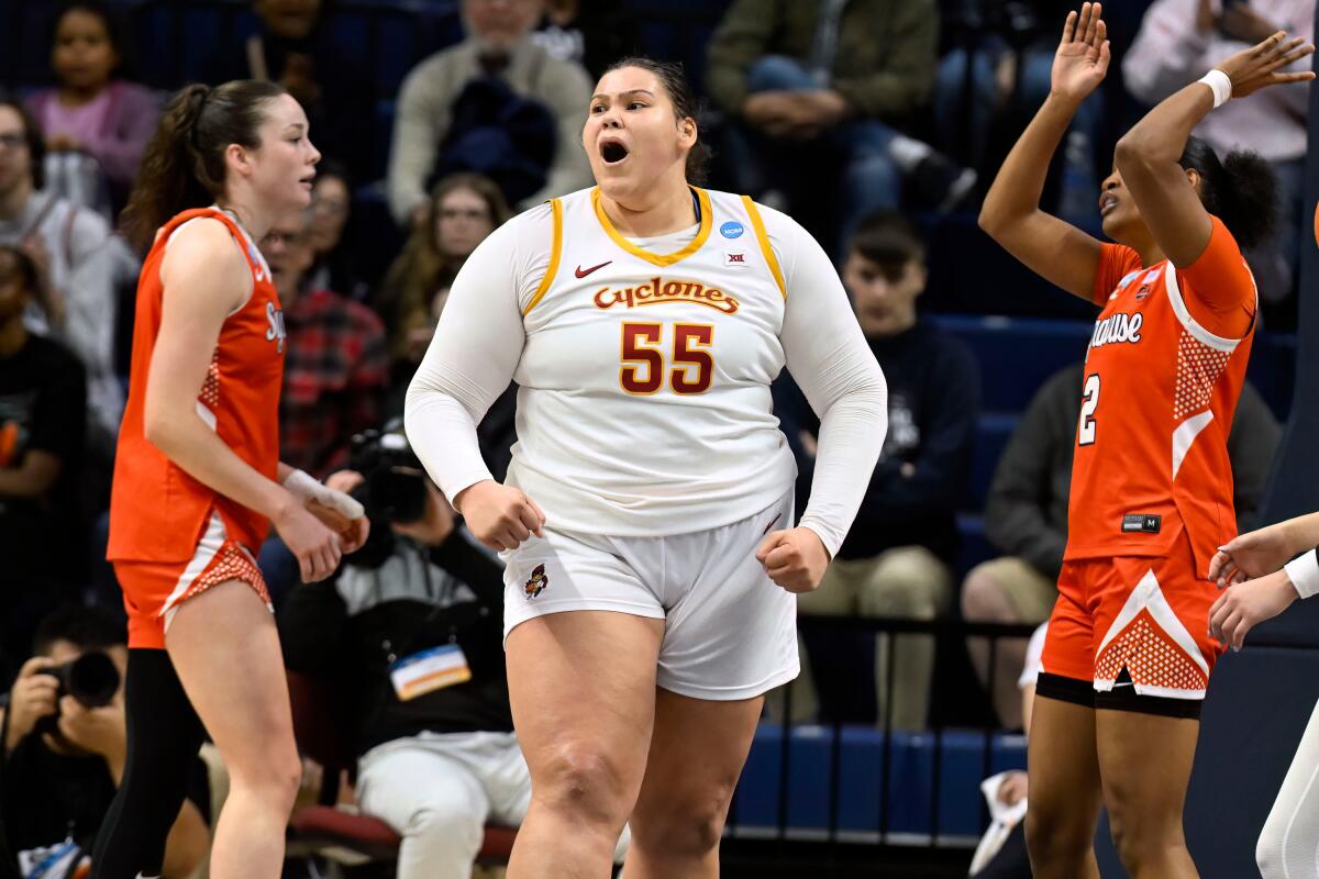 Iowa State center Audi Crooks reacts after making a basket against Syracuse on March 21.