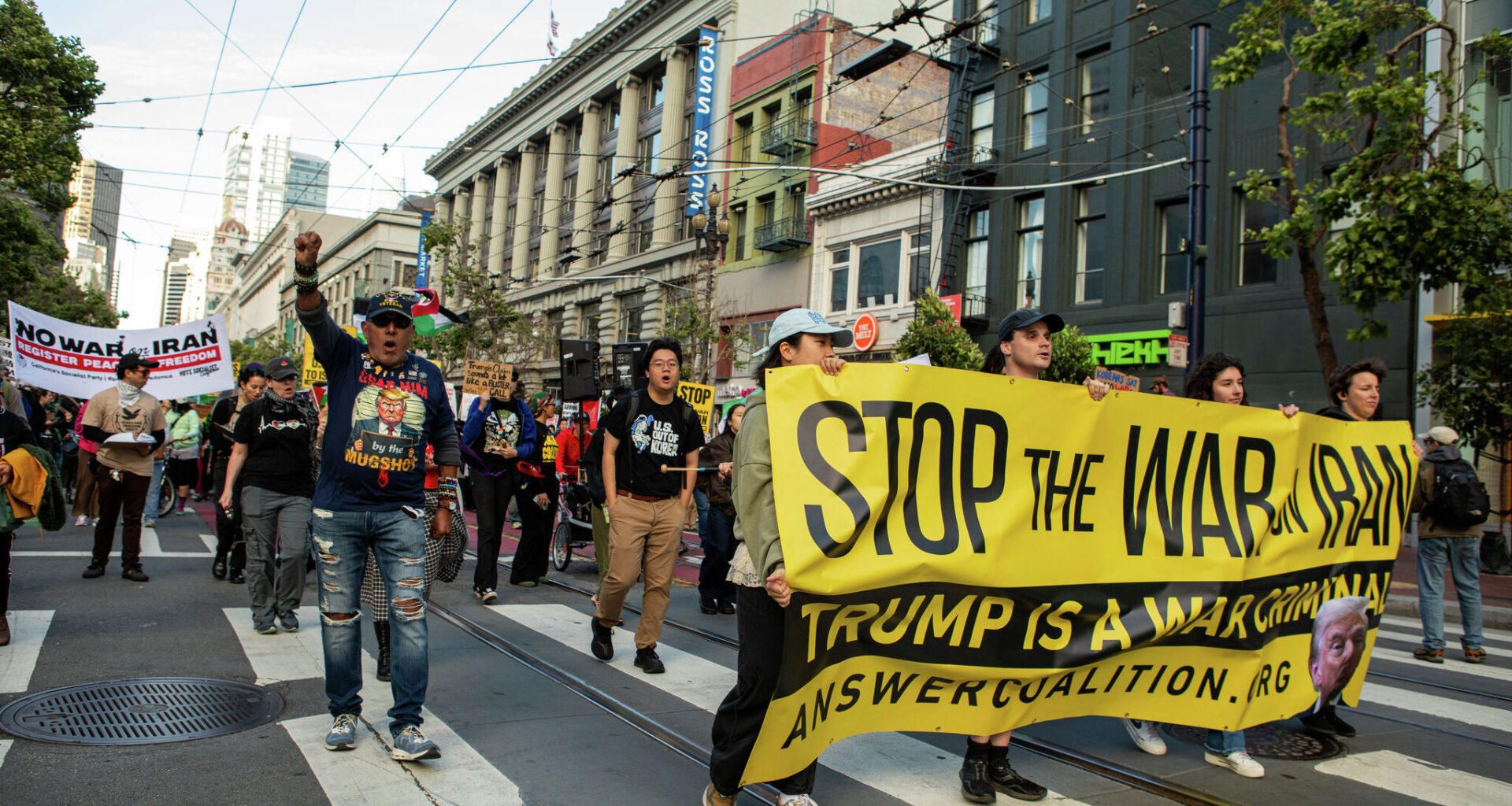 Anti-war demonstrators march on Market Street in San Francisco