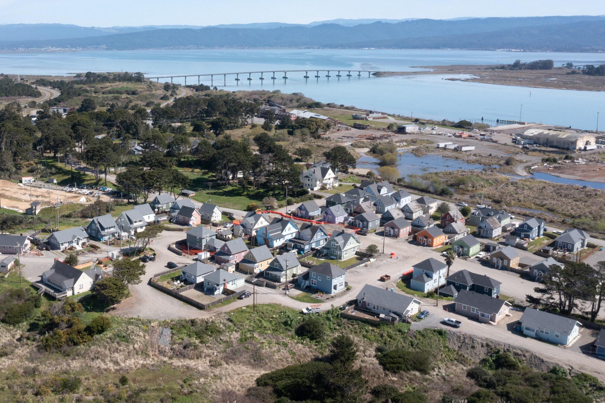 The town of Samoa sits feet away from a proposed terminal for the assembly of offshore wind turbines in Humboldt Bay. 