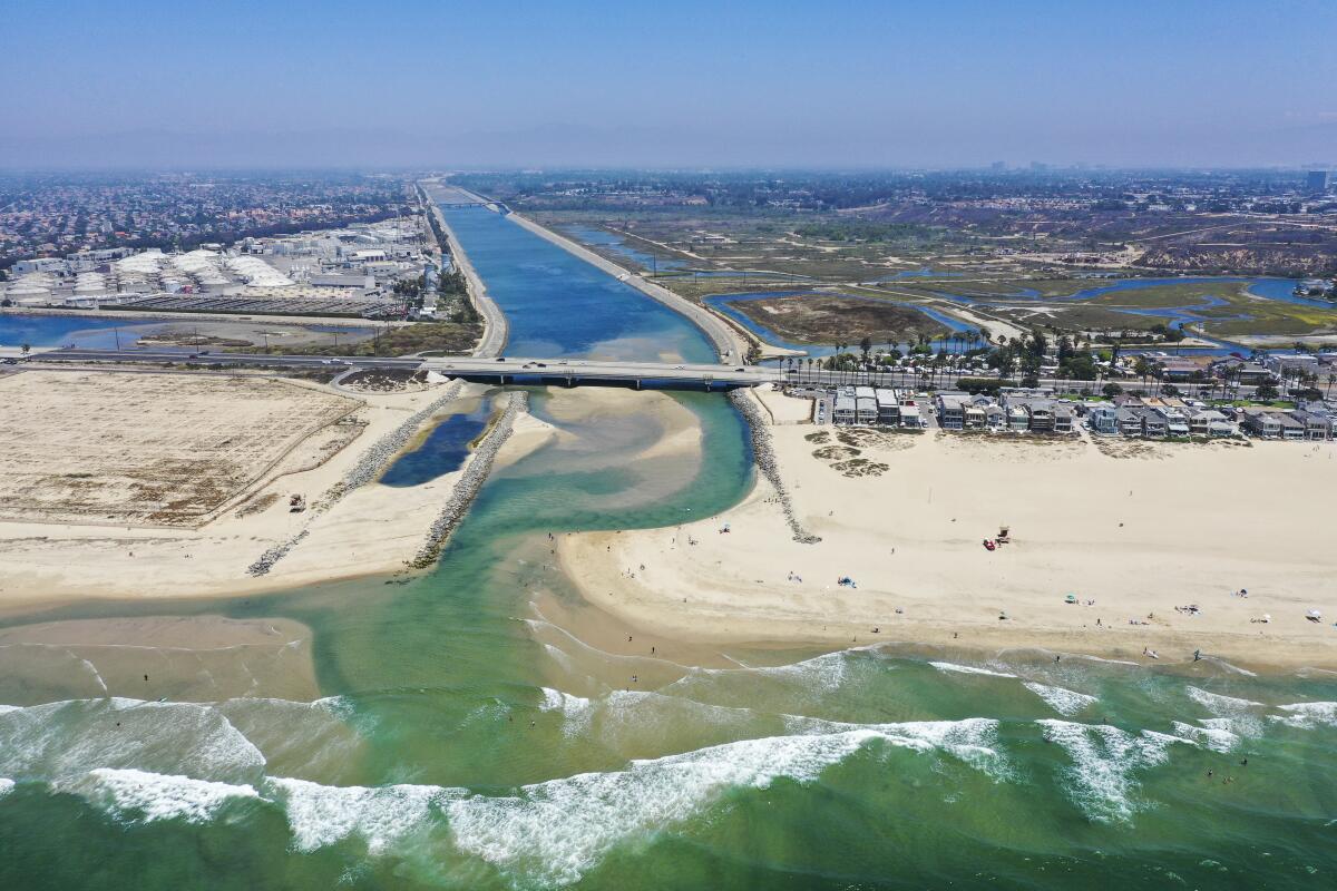 An aerial view of where the Santa Ana River meets the Pacific Ocean 