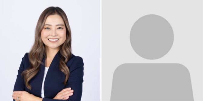 A photo made up of side-by-side images: On the left is an photo of a woman with long heair wearing a navy blue jacket. On the left is an image of a circle on a body figure to represent a missing image.