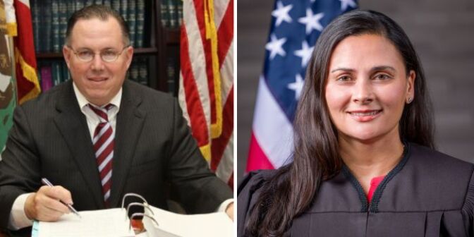 Two photos side by side: On the left is an image of a man wearing glasses and a suit and tie, sitting at a desk making notes in a binder. On the right is an image of a woman wearing a judge's robe. Both individuals are in front of flags.