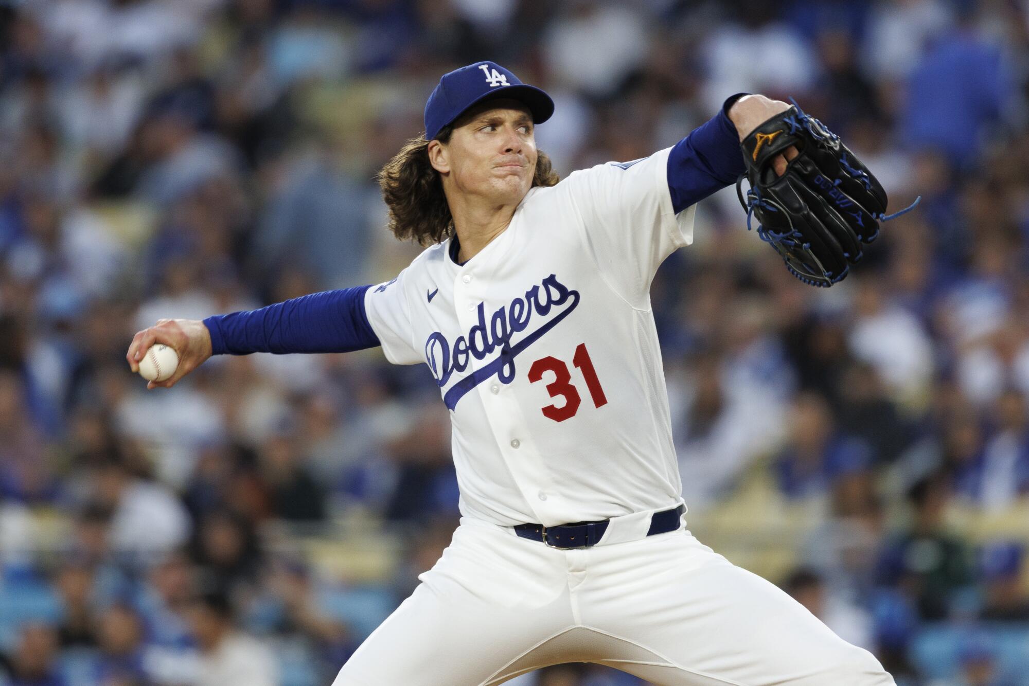 Dodgers pitcher Tyler Glasnow delivers in the first inning against Texas on Friday at Dodger Stadium.