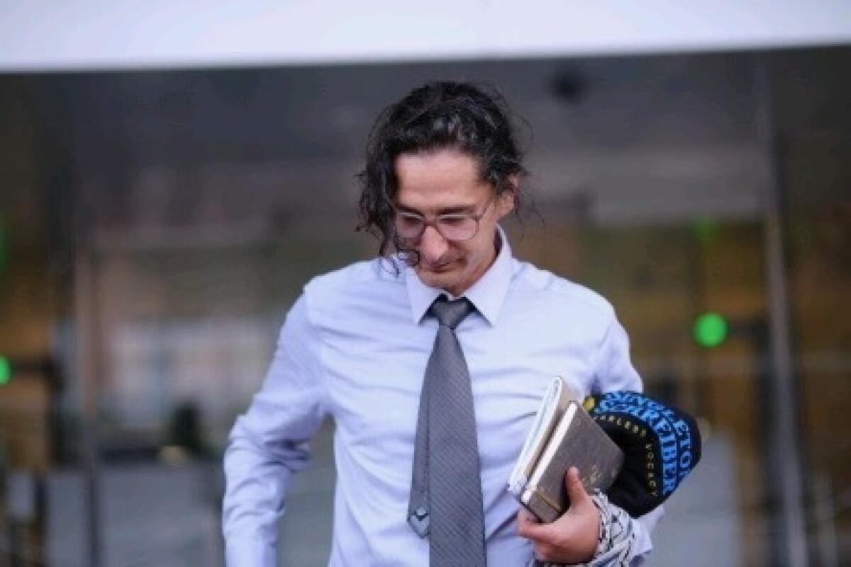 Jonathan Caravello after being acquitted on Thursday, April 9, 2026, at the first street courthouse in downtown LA