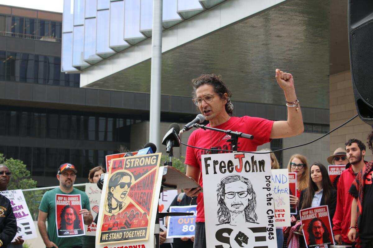 Jonathan Caravello speaking at labor union press conference with California faculty association on Friday, April 10, 2026
