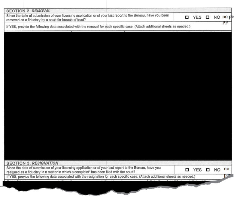 A document form is shown with sections titled “Section 2. Removal” and “Section 3. Resignation.” The form includes checkboxes for “Yes” and “No” responses and prompts for details about fiduciary removal or resignation, though much of the content is obscured or redacted.