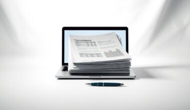 A high-end, photorealistic studio still life featuring a stack of financial reports, a laptop, and a pen arranged elegantly on a clean, white background, conveying a sense of corporate strategy and finance.