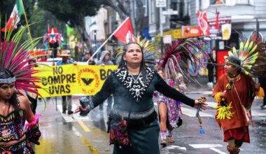 Aztec dancers amaze onlookers at SF’s soggy Cesar Chavez-free parade