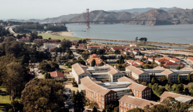A coastal cityscape with clustered buildings and greenery in the foreground, a body of water in the middle, and the Golden Gate Bridge with hills behind it.