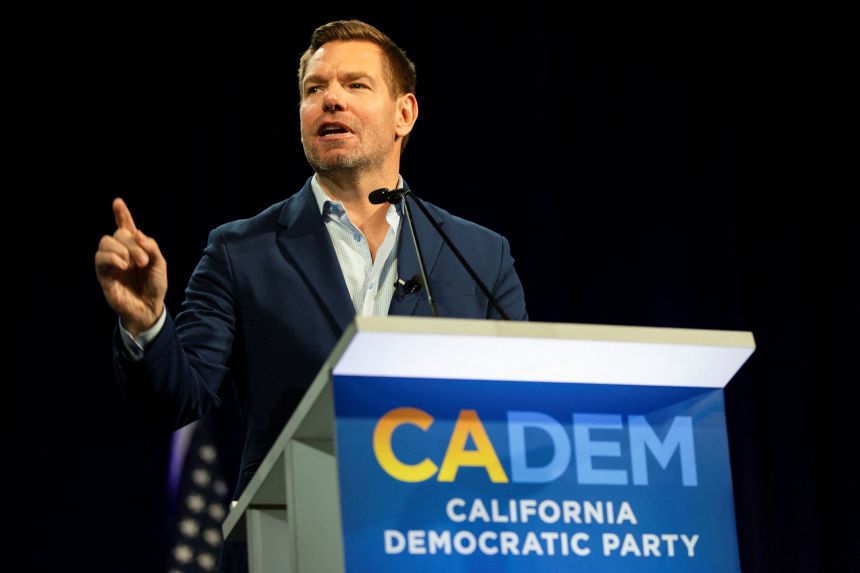California gubernatorial candidate Eric Swalwell speaks during the California Democratic Convention in San Francisco, on February 21, 2026.