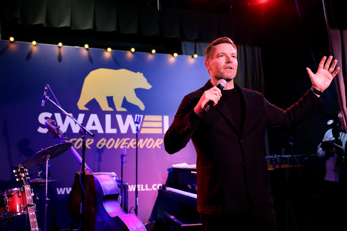Candidate for Governor of California, Rep. Eric Swalwell, addresses his crowd of supporters.