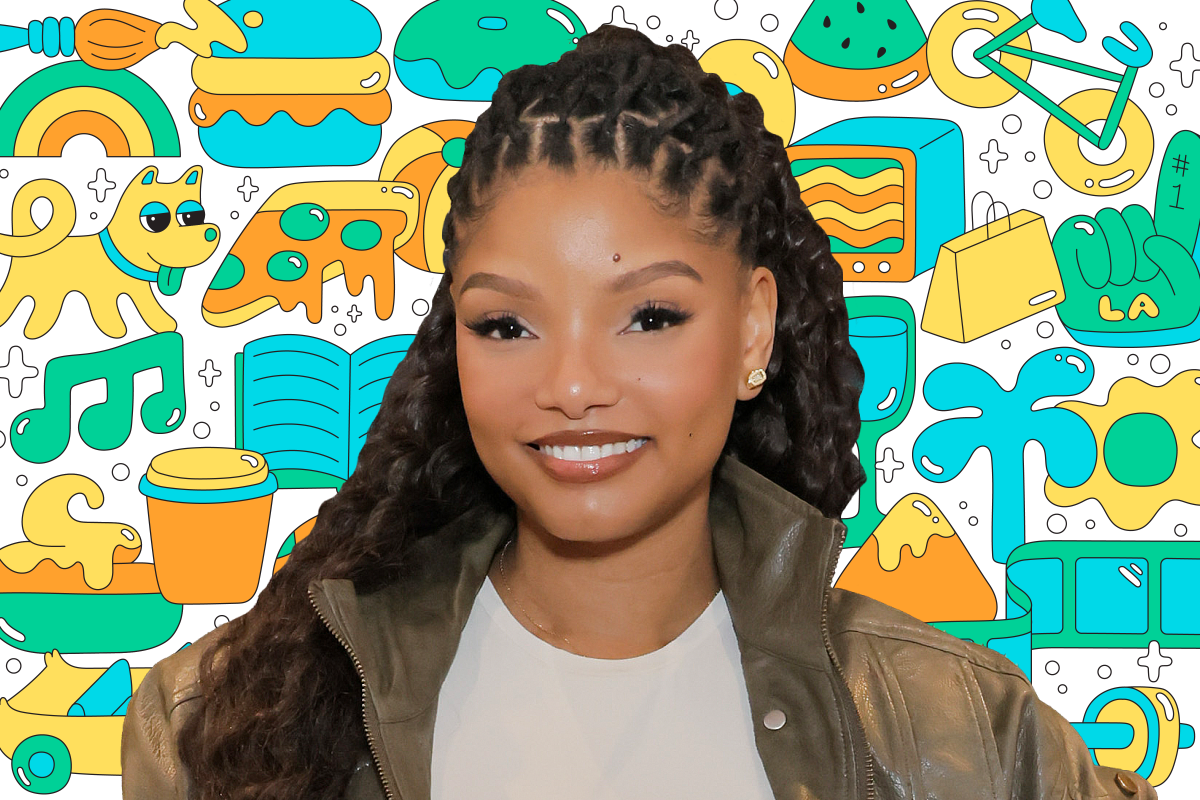 Photo of a person on a background of colorful illustrations like a book, dog, pizza, TV, shopping bag, and more