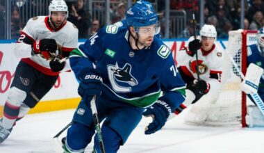 Vancouver Canucks forward Jake DeBrusk (74) handles the puck against the Ottawa Senators.
