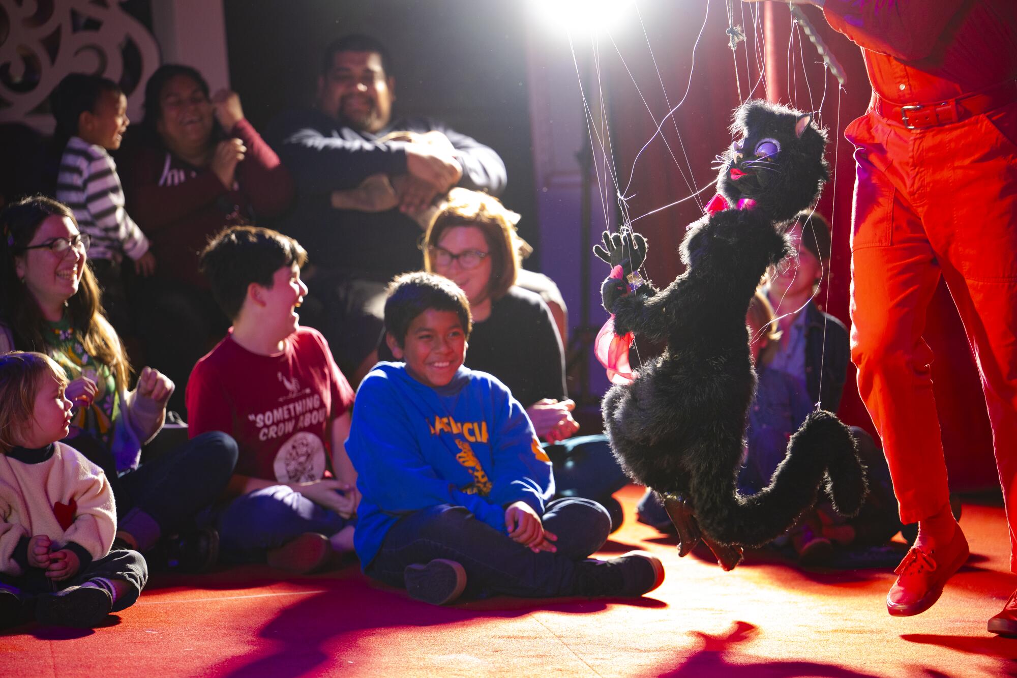 A puppeteer with a cat puppet in front of seated children. 