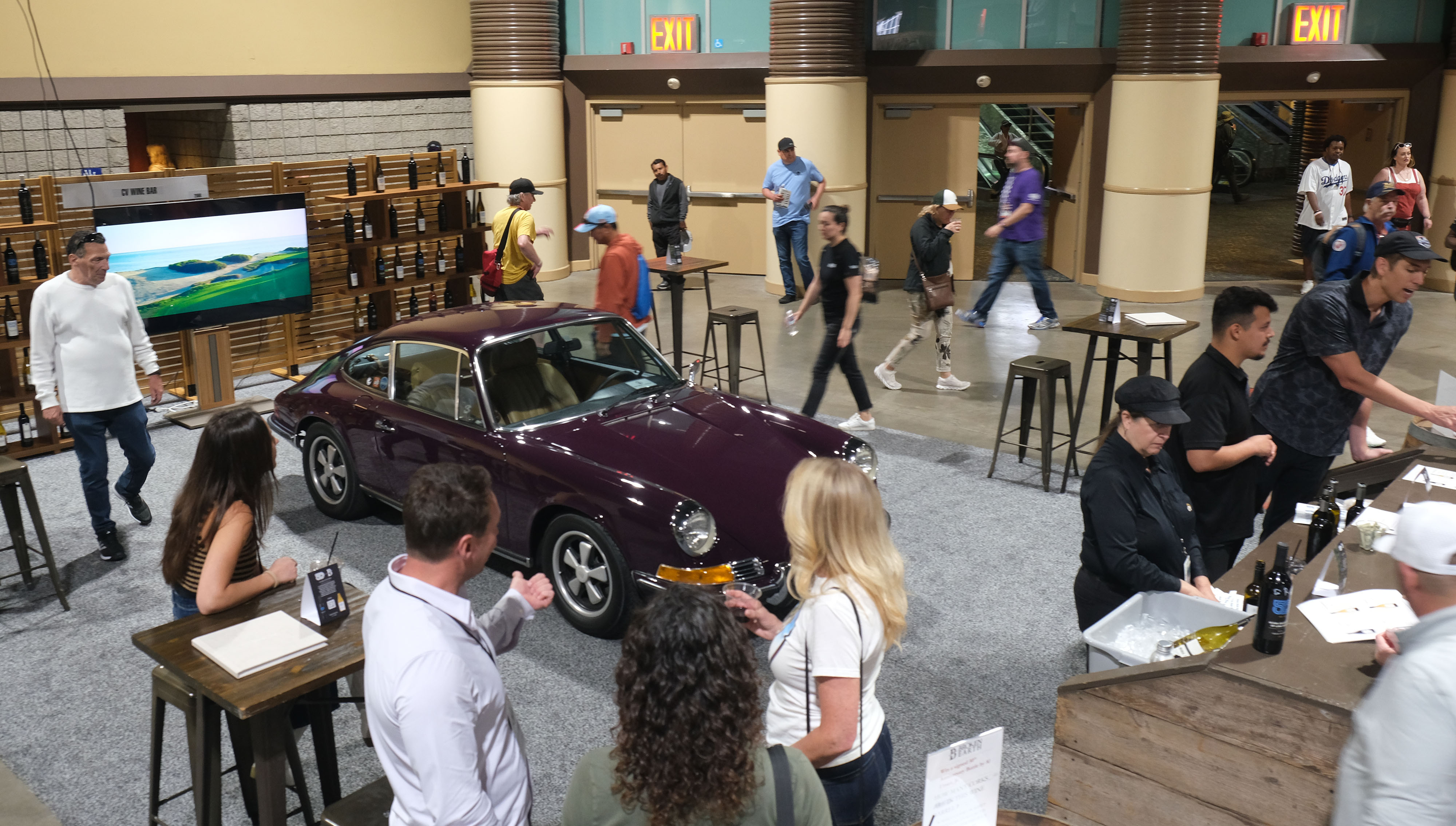 The wine bar with a wine colored Porsche in the...