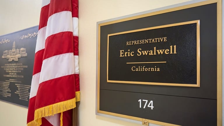 The entrance to the office of Rep. Eric Swalwell, D-Calif.,...
