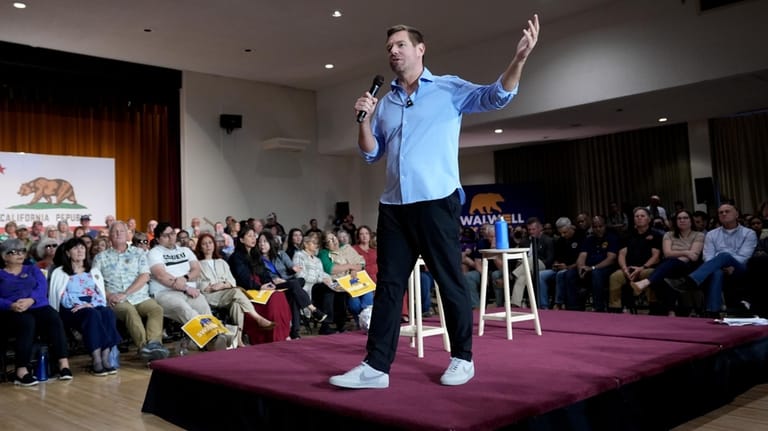 California gubernatorial candidate Rep. Eric Swalwell, D-Calif., speaks at a...