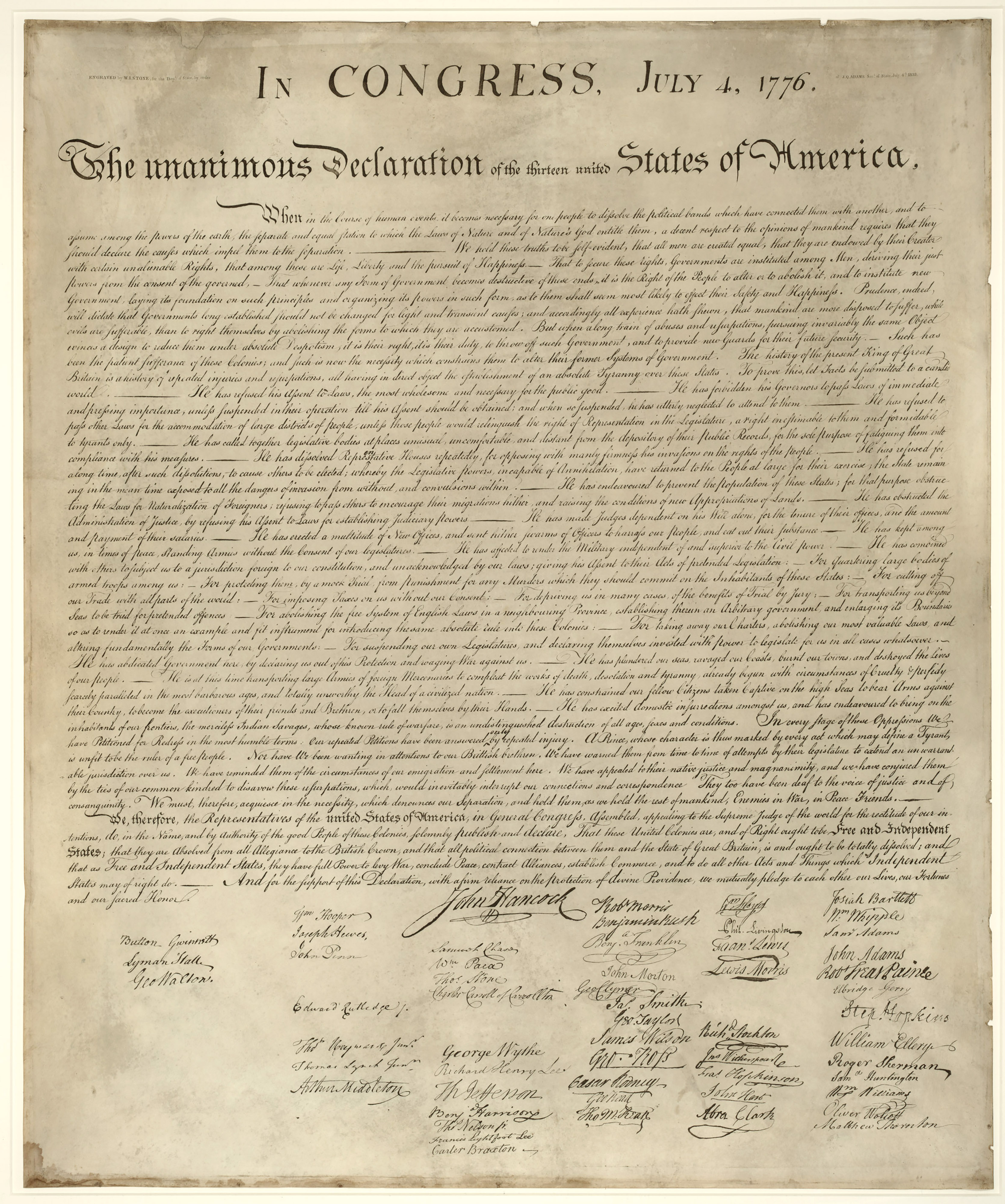 A stone engraving of the Declaration of Independence. In celebration...