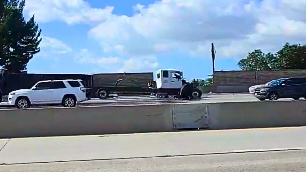 Semi into wall on 91 Freeway in Long Beach