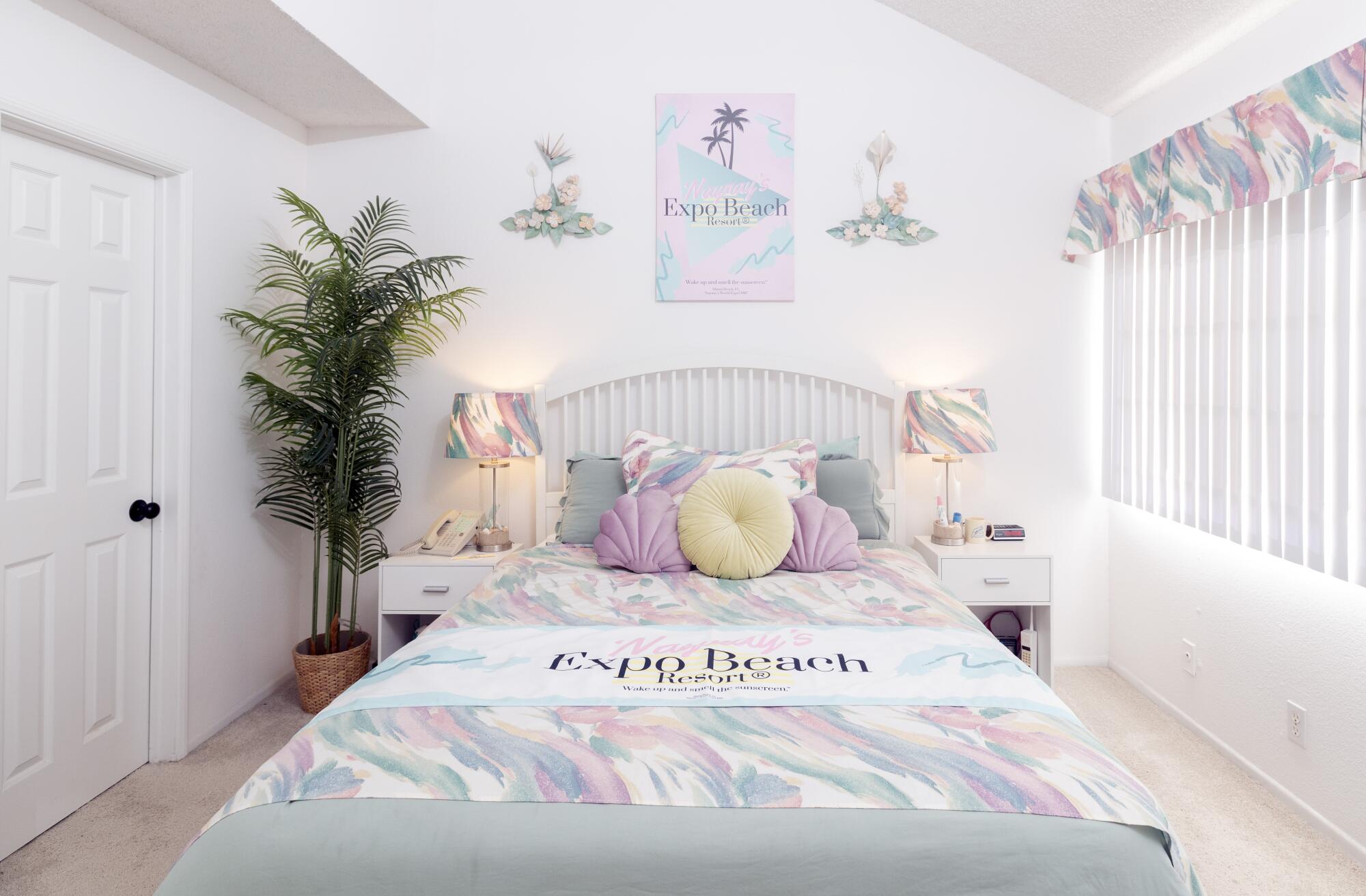Shahniani's bedroom is decorated in the style of a 1980s Miami Beach hotel room.