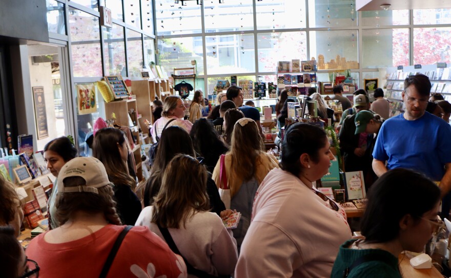 Book Crawl goers inside Library Bookshop SD during the San Diego Book Crawl, April 2025.