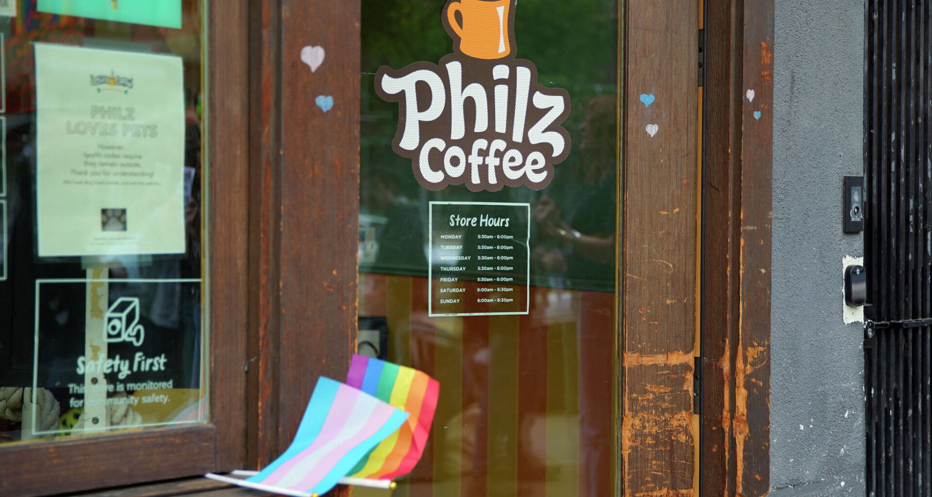 Philz Coffee in San Francisco’s Castro neighborhood, seen during a rally against its new policy to remove Pride flags on Friday. Its CEO reiterated the policy in a leaked memo.