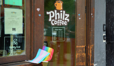 Philz Coffee in San Francisco’s Castro neighborhood, seen during a rally against its new policy to remove Pride flags on Friday. Its CEO reiterated the policy in a leaked memo.