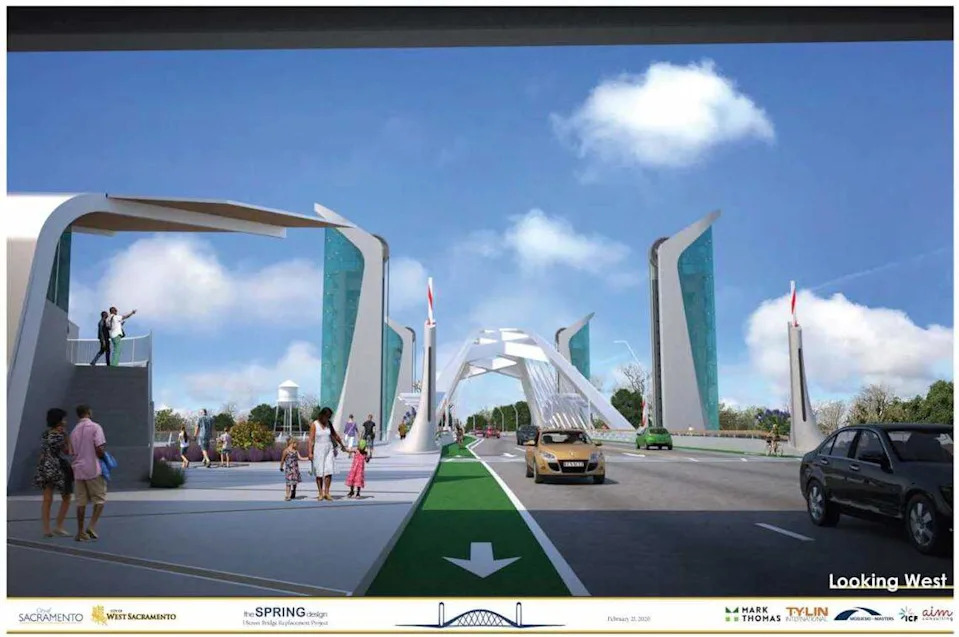 A rendering of the I Street replacement bridge, linking Sacramento to West Sacramento, shows pedestrians walking along sidewalks and a bike path.
