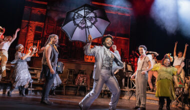 Rudy Foster as Hermes and the cast of “Hadestown,” which tours to ATG San Francisco’s Orpheum Theatre.