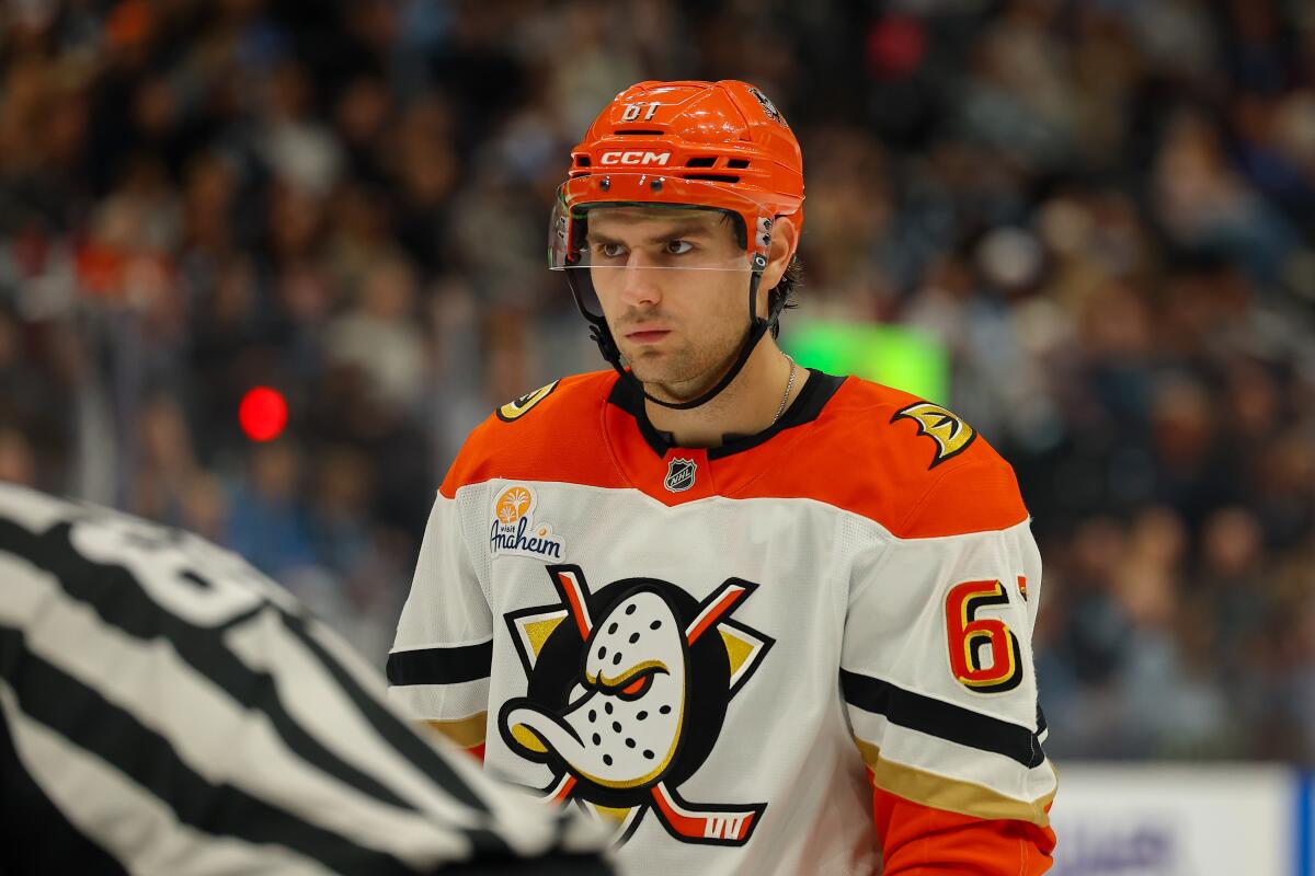 Anaheim Ducks left wing Cutter Gauthier stands on the ice during.