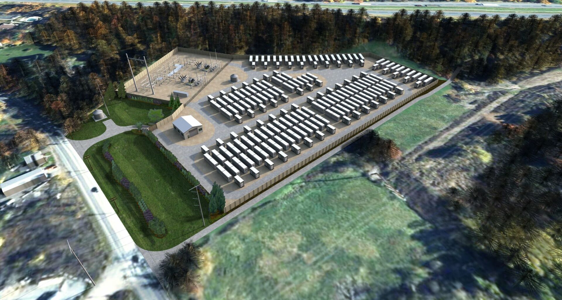 Terra-Gen, a California-based renewable energy company, is seeking to build a 250-megawatt lithium-ion rechargeable battery storage facility in the town of Ulster, at the shuttered John A. Coleman Catholic High School property. Above, a rendering of the proposed project.