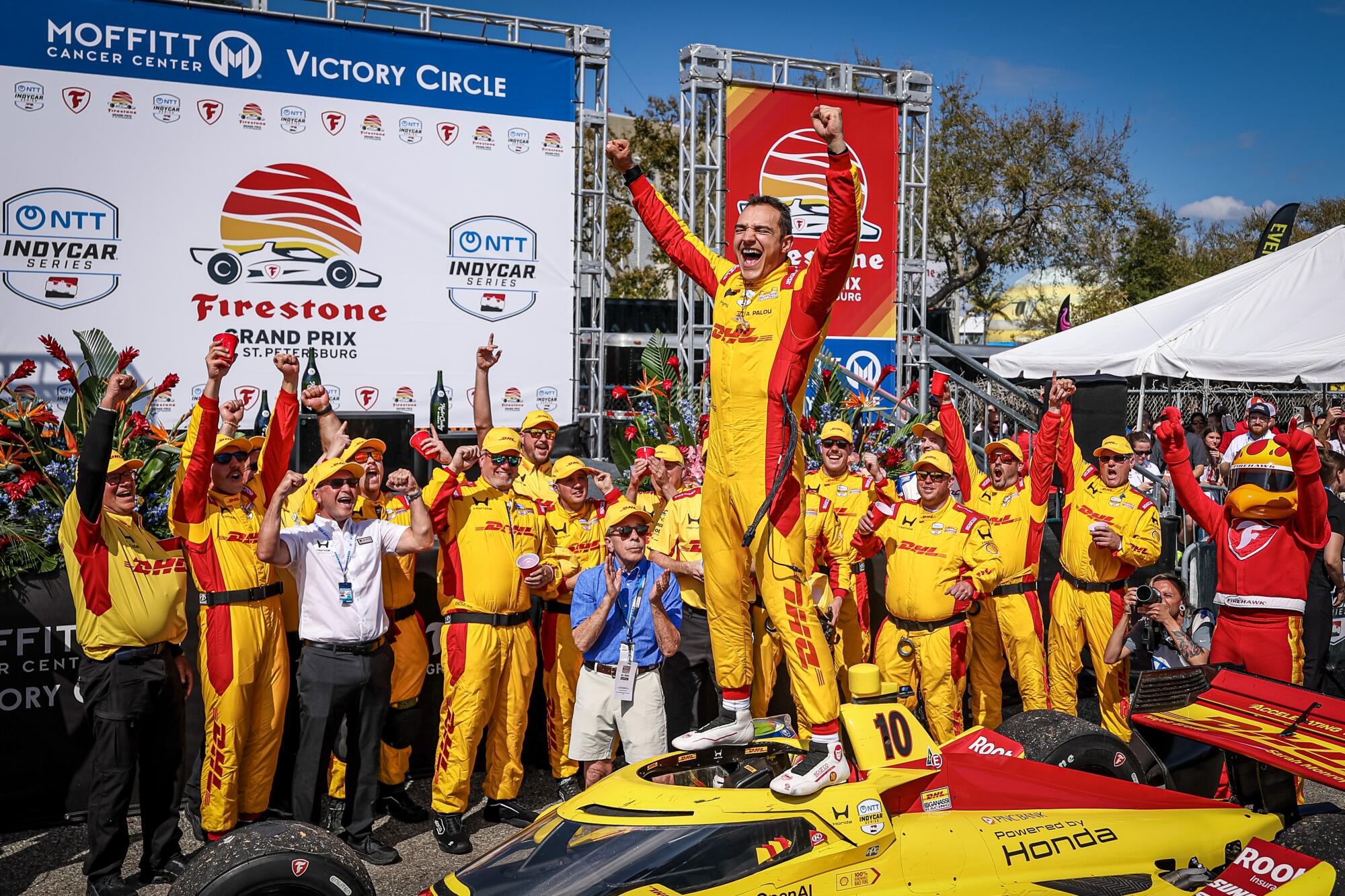 Alex Palou celebrates after winning the Grand Prix of St. Petersburg on March 1.