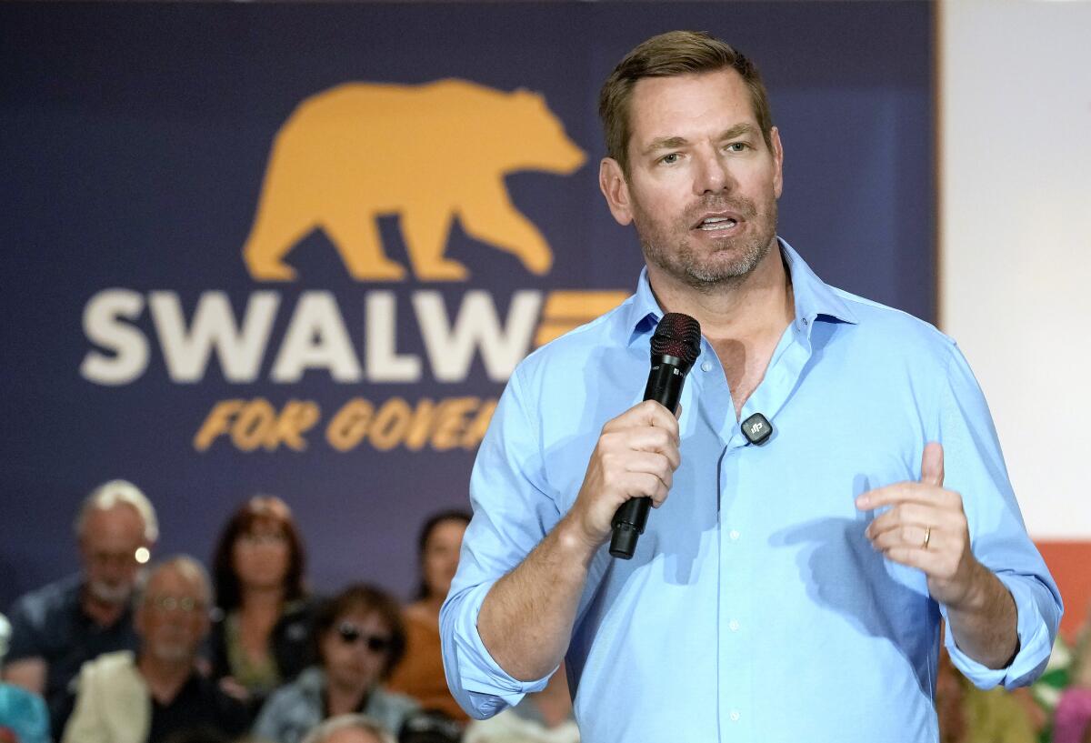 Former California gubernatorial candidate Eric Swalwell at a town hall meeting in Sacramento