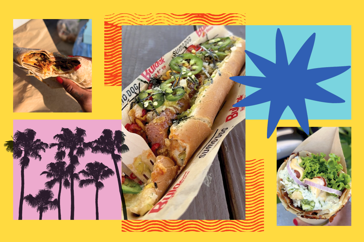 Collage of palm trees and food dishes