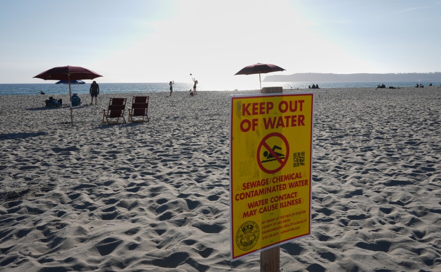 Warning sign at Imperial Beach of hydrogen sulfide from Tijuana River sewage on March 11, 2026.