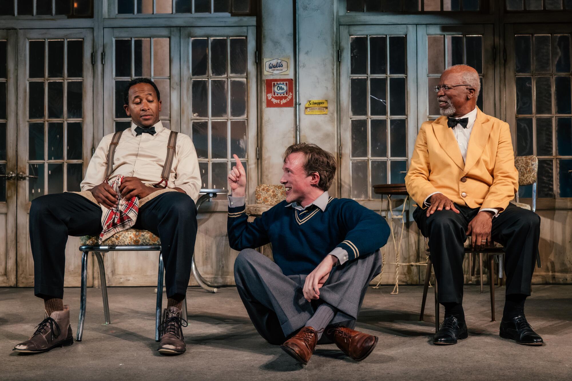 Nyasha Hatendi, from left, Ben Beatty and John Kani in "'Master Harold'… and the Boys" at Geffen Playhouse.