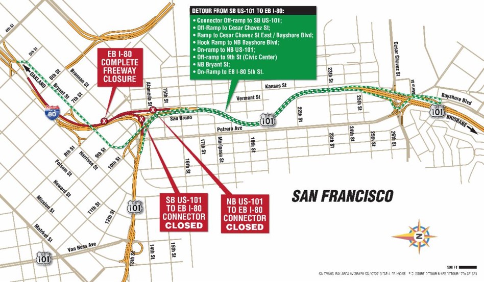 Eastbound Interstate 80 Bayshore Freeway closure detour map. EB Complete freeway closure. SB US101 to EB i-80 connector closed. NB US-101 to EB I-80 Connector closed. Detour from SB US 101 to EB I-80. Connector Off-ramp to SB US-101; Off-ramp to Cesar Chavez St. East/BAyshore Blvd; Hook ramp to NB Bayshore Blvd; On-ramp to NB US-101; Off-ramp to 9th St. (Civic Center); NB Bryant St; On-ramp to EB I-80 5th St.