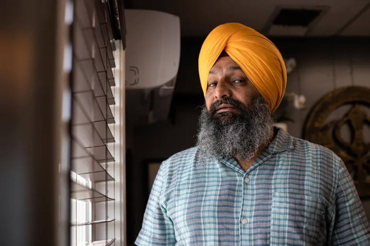 Harsimran Singh, president of the American Kabaddi Federation, at his office at a trucking yard in Stockton.