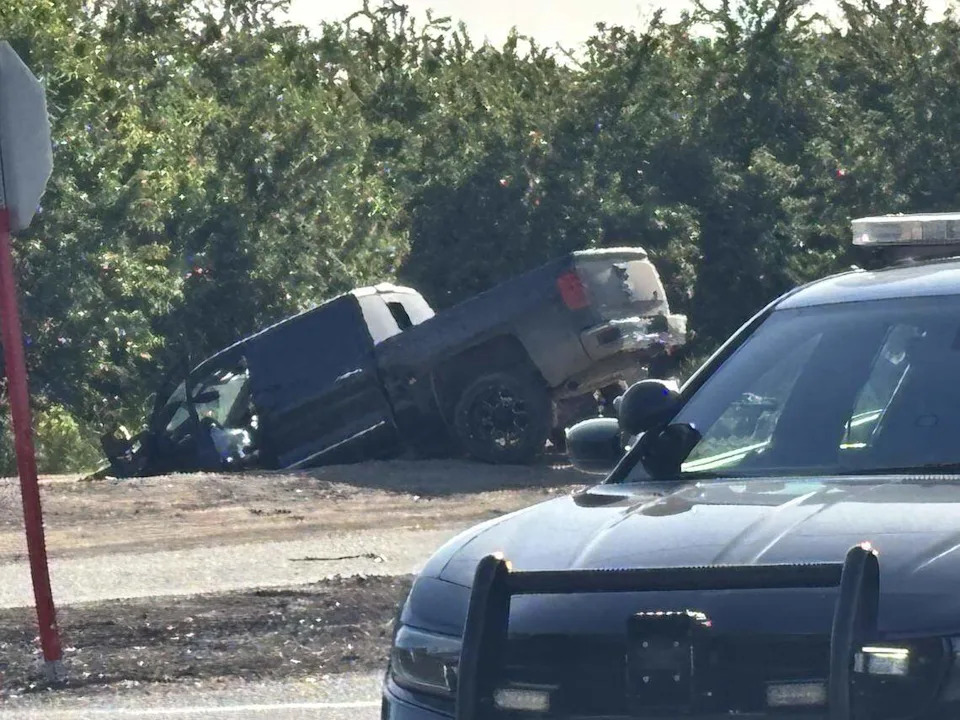 A truck partially ended up in a canal after a two-vehicle crash in Fresno County on Friday, April 17, 2026.
