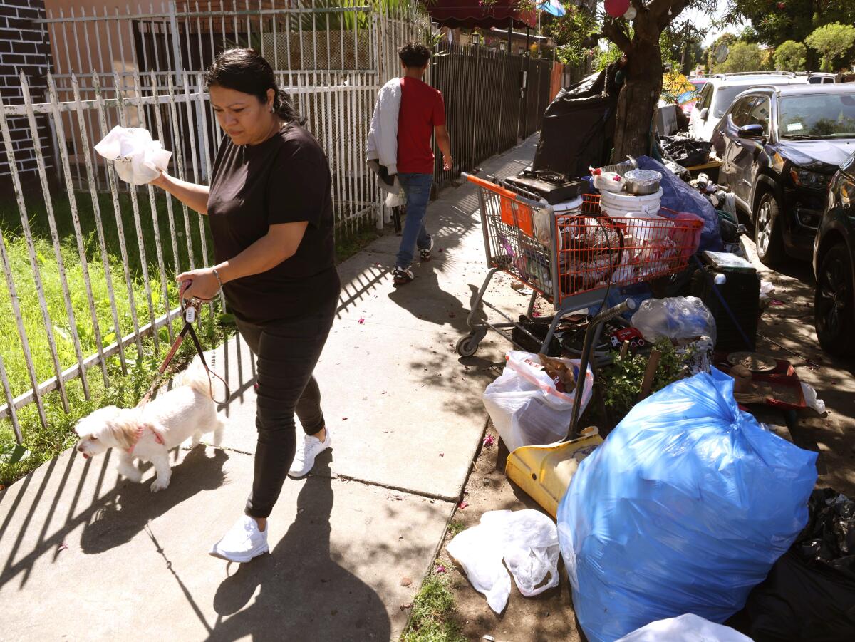 Jenny Carpio and her dog, Sky, walk past debris along a sidewalk in East Hollywood.