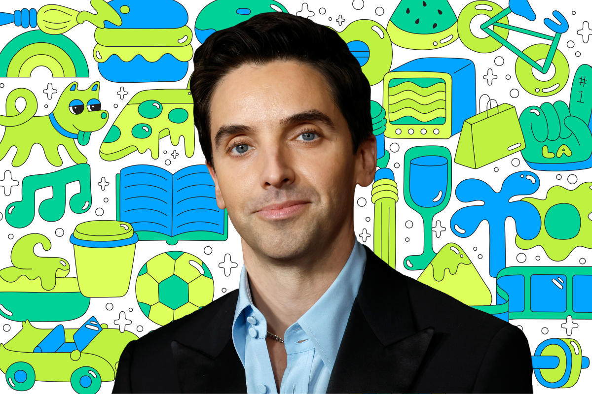 Photo of a person on a background of colorful illustrations like a book, dog, pizza, TV, shopping bag, and more