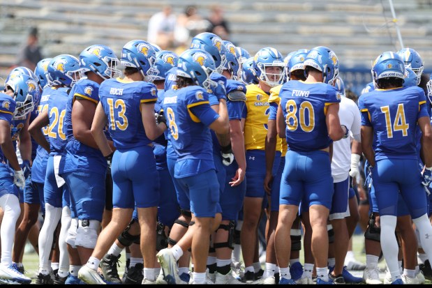 San Jose State Spartans quarterback Luke Weaver (3) huddle with teanmates during the San Jose State Spartans spring football showcase at CEFCU Stadium in San Jose, Calif., Saturday, April 18, 2026. (Ray Chavez/Bay Area News Group)