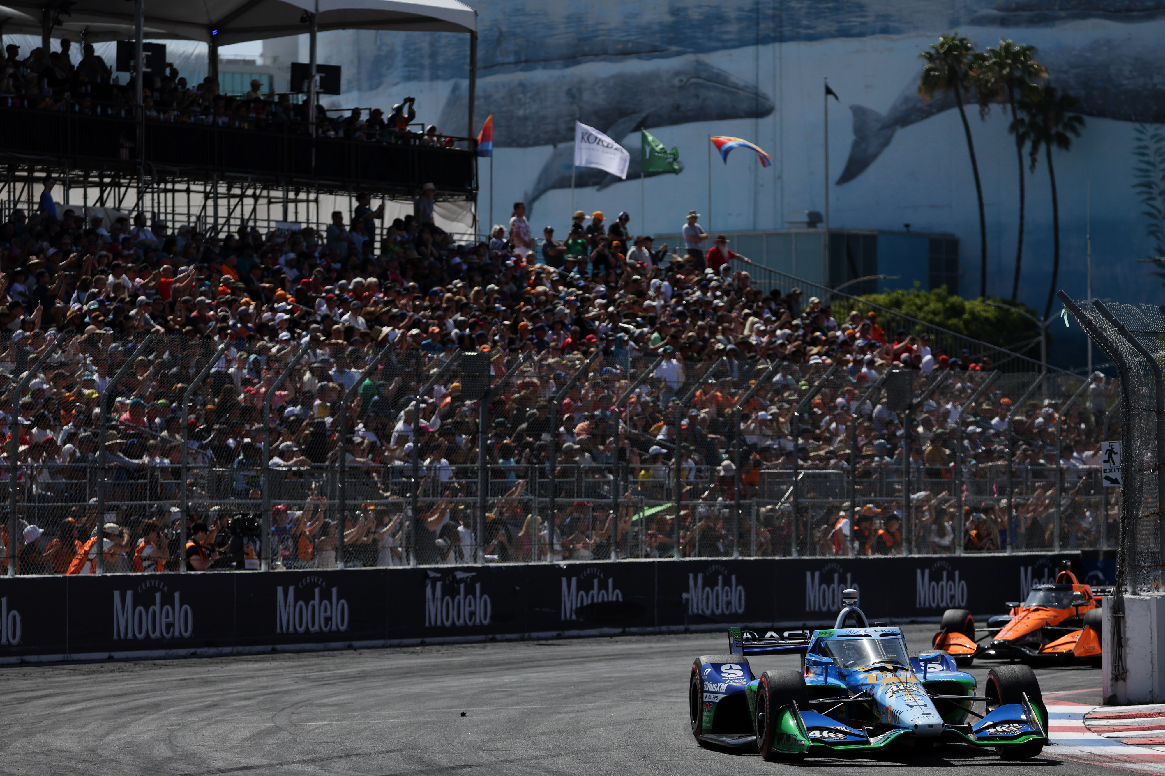 Indycar driver Felix Rosenqvist leads the field at the end...