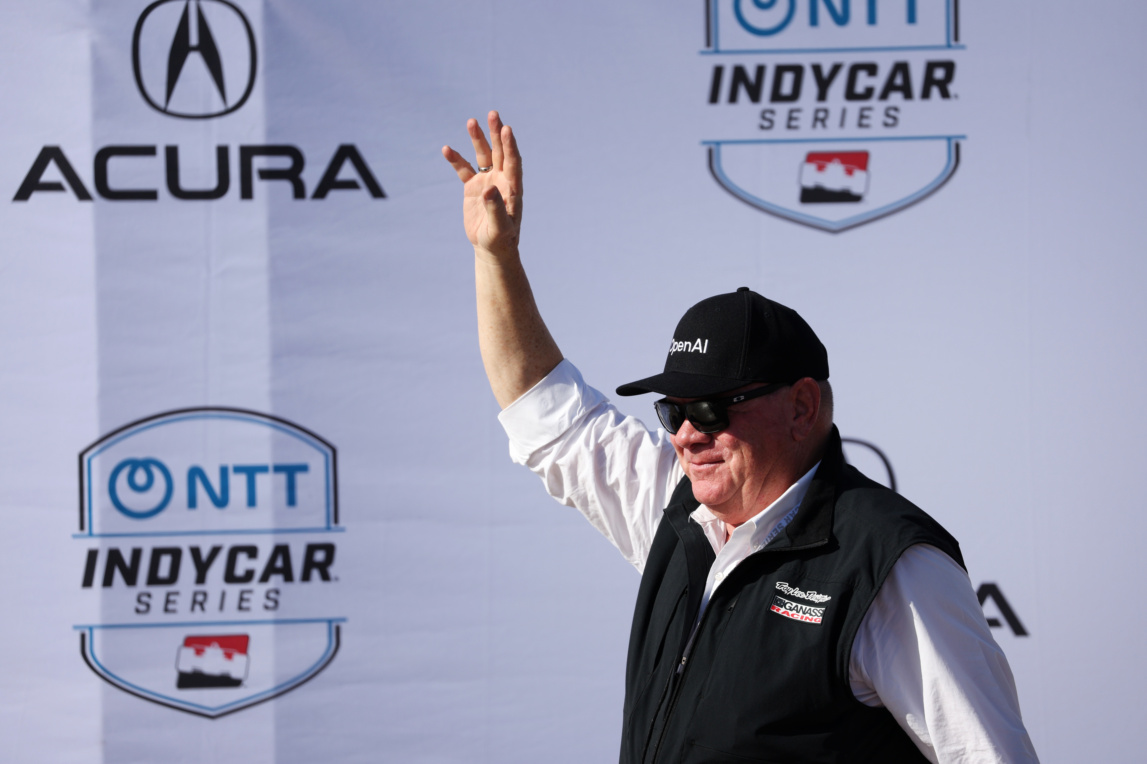 Chip Ganassi Racing owner Chip Ganassi celebrates after his driver,...