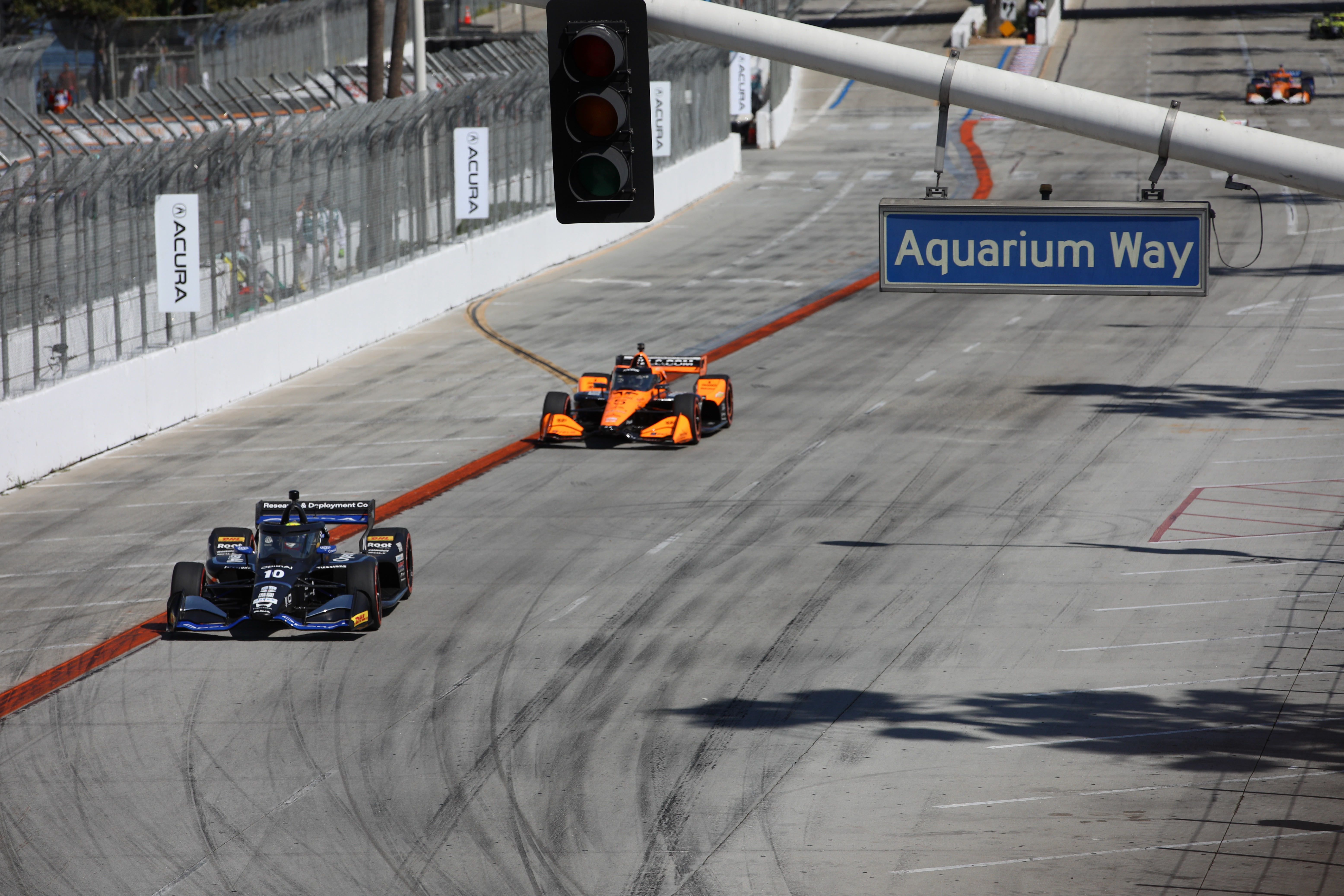 Alex Palou leads Pato OâWard heading into the first turn...