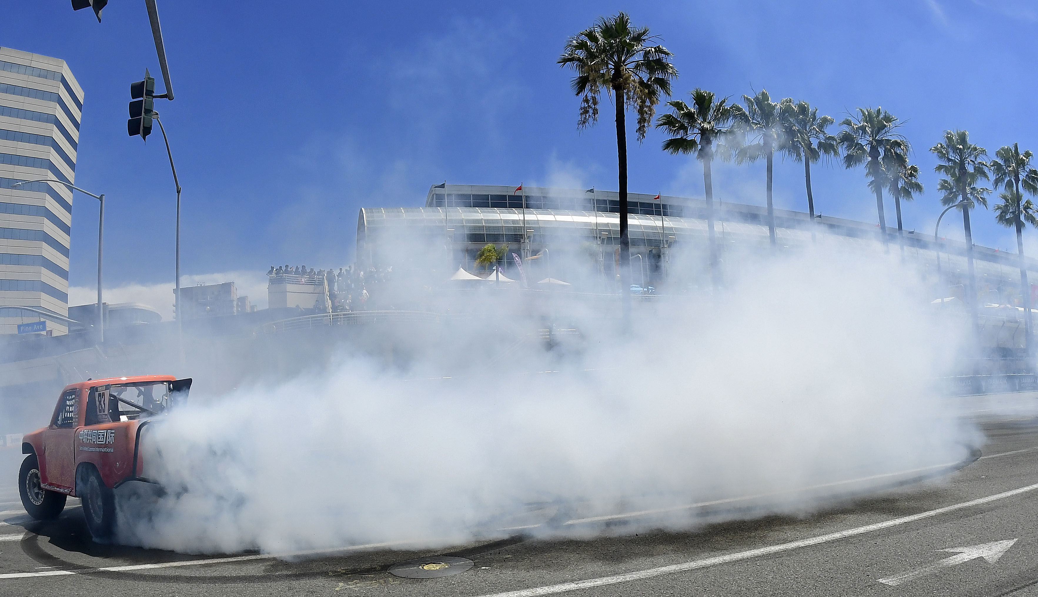 Stadium Super Trucks driver and race winner Matt Brabham performs...