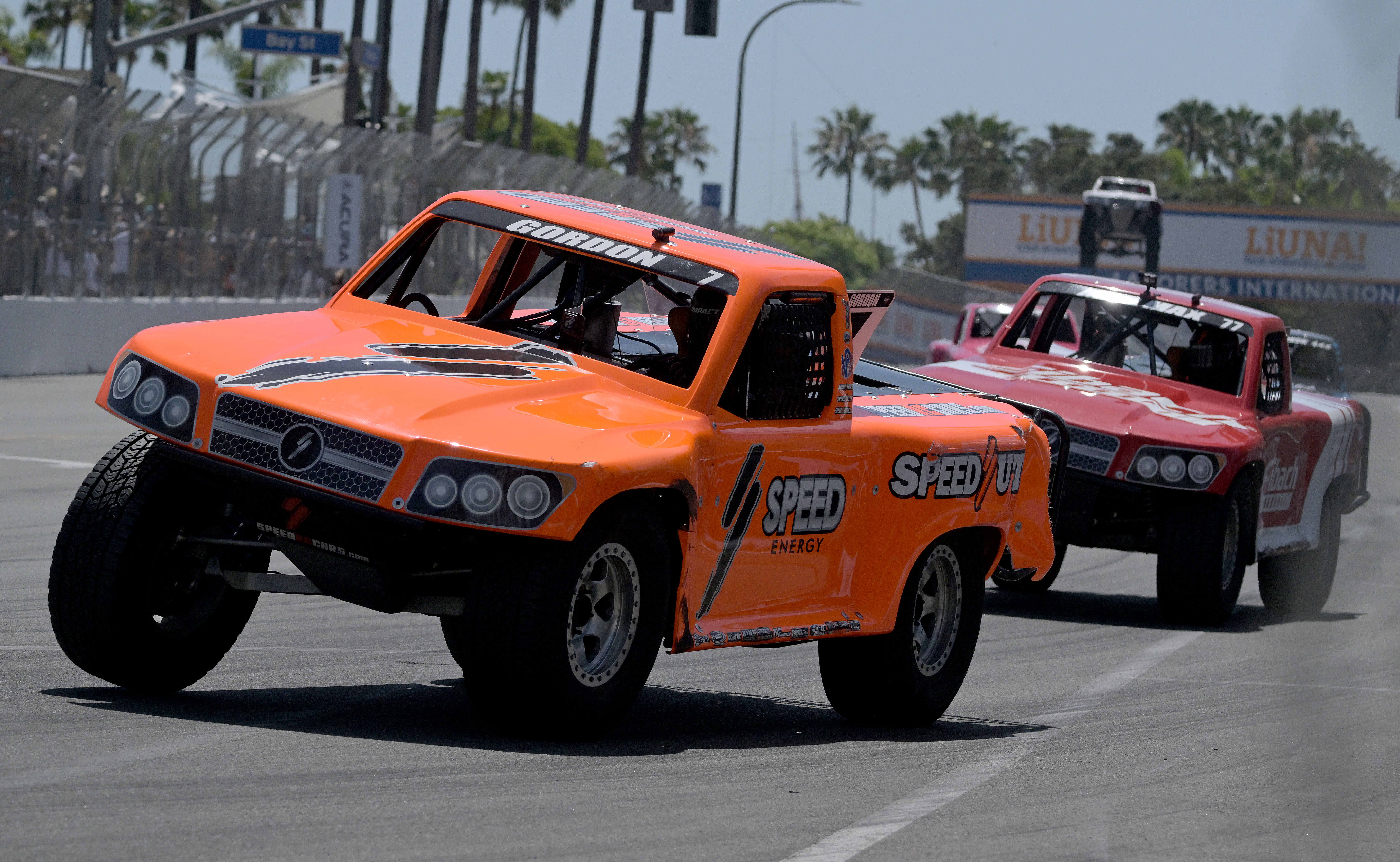 Stadium Super Trucks driver Robby Gordon races off of Pine...