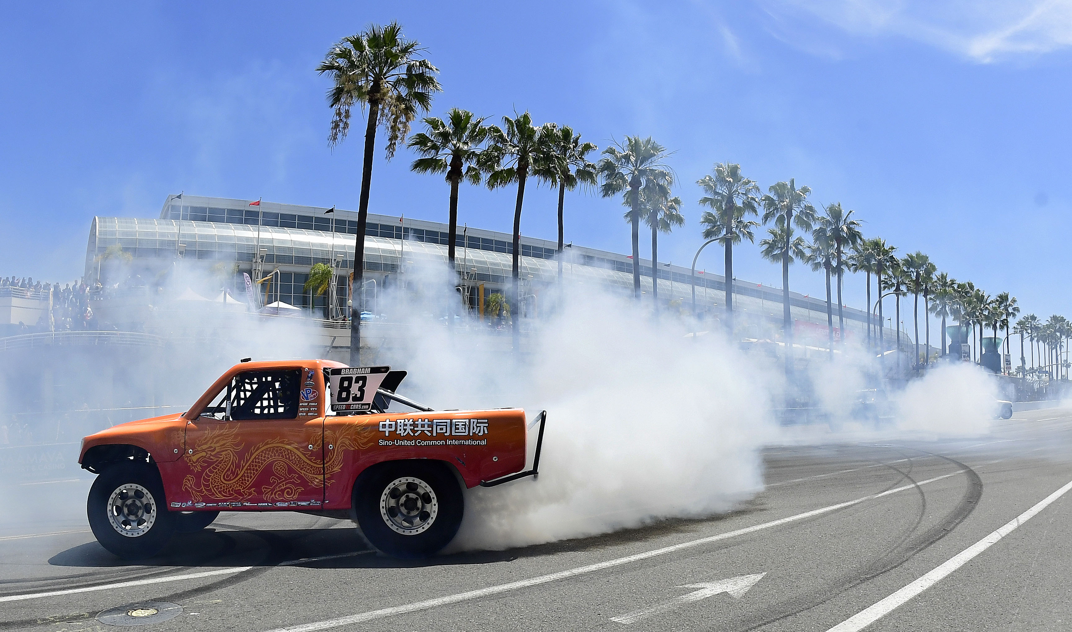 Stadium Super Trucks driver and race winner Matt Brabham performs...